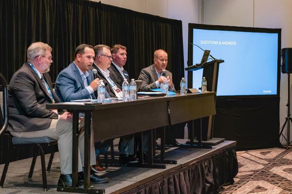 ADC’s Corvias-led energy session panel included (left to right): Jeffrey W. Rodgers, installation energy manager, US Army Directorate of Public Works, Fort Johnson, LA; Pablo Varela, SVP of CRC Innovations; John Plack, VP of engineering at Ameresco; Justin Witty, director of energy management at Corvias; and Pete Sims, DOD managing director. 