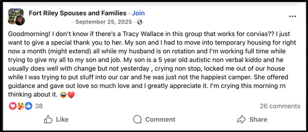 More accolades for Tracy Wallace on the Fort Riley Spouses and Families Facebook page